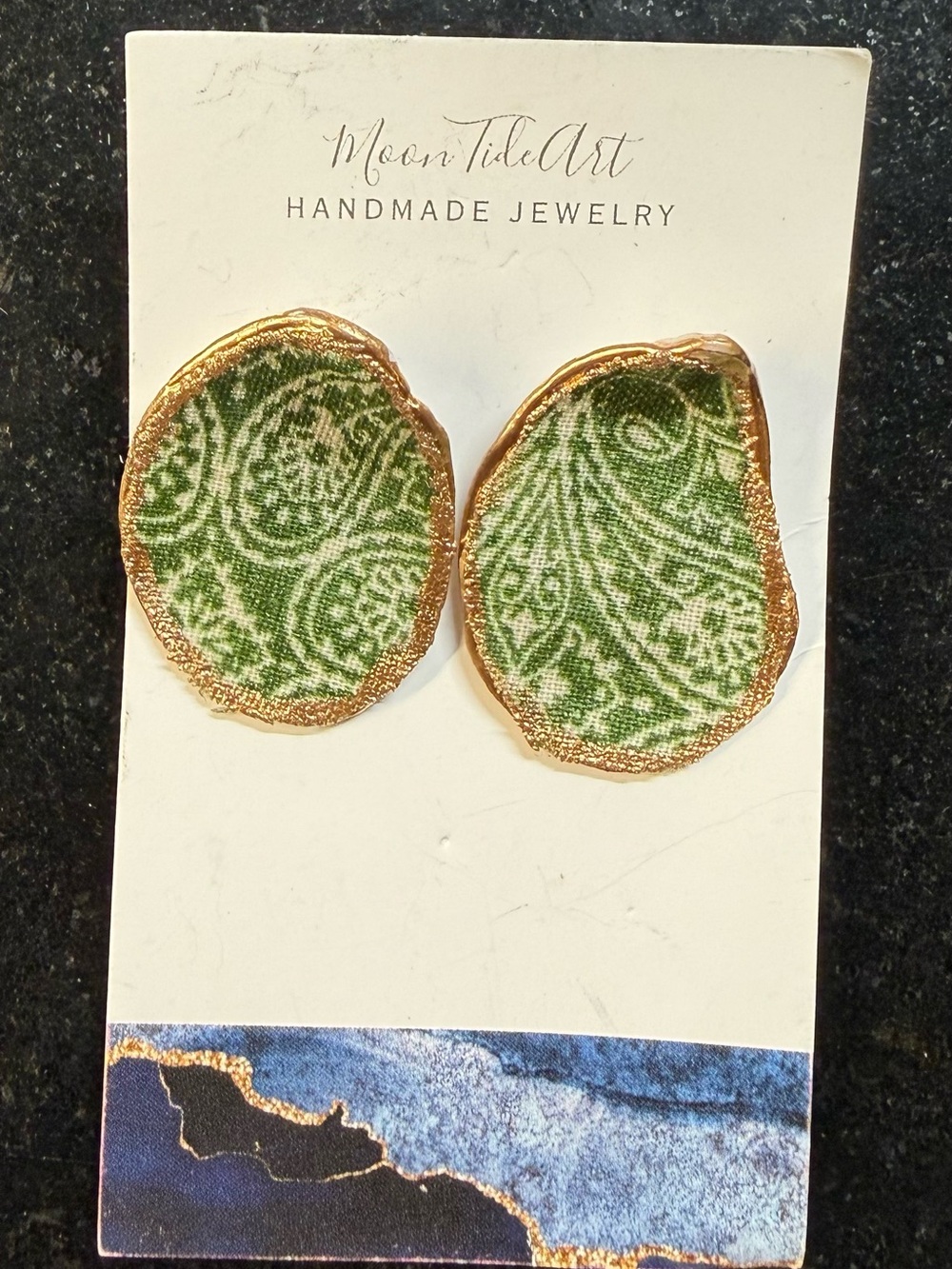 NWT - BoHo - Oyster shell Green/white Fabric, Gold-Trim Earrings